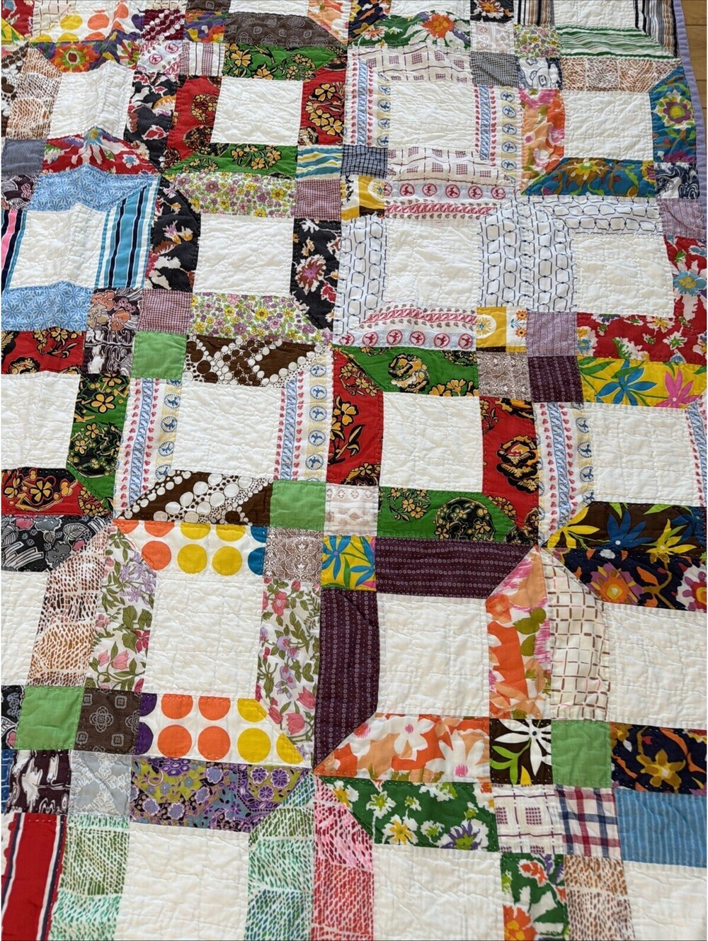 VTG 1970s Quilt Hand Stitched Squares Awesome Retro Fabrics Colorful 56x77” - Picture 4 of 15